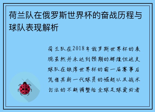 荷兰队在俄罗斯世界杯的奋战历程与球队表现解析